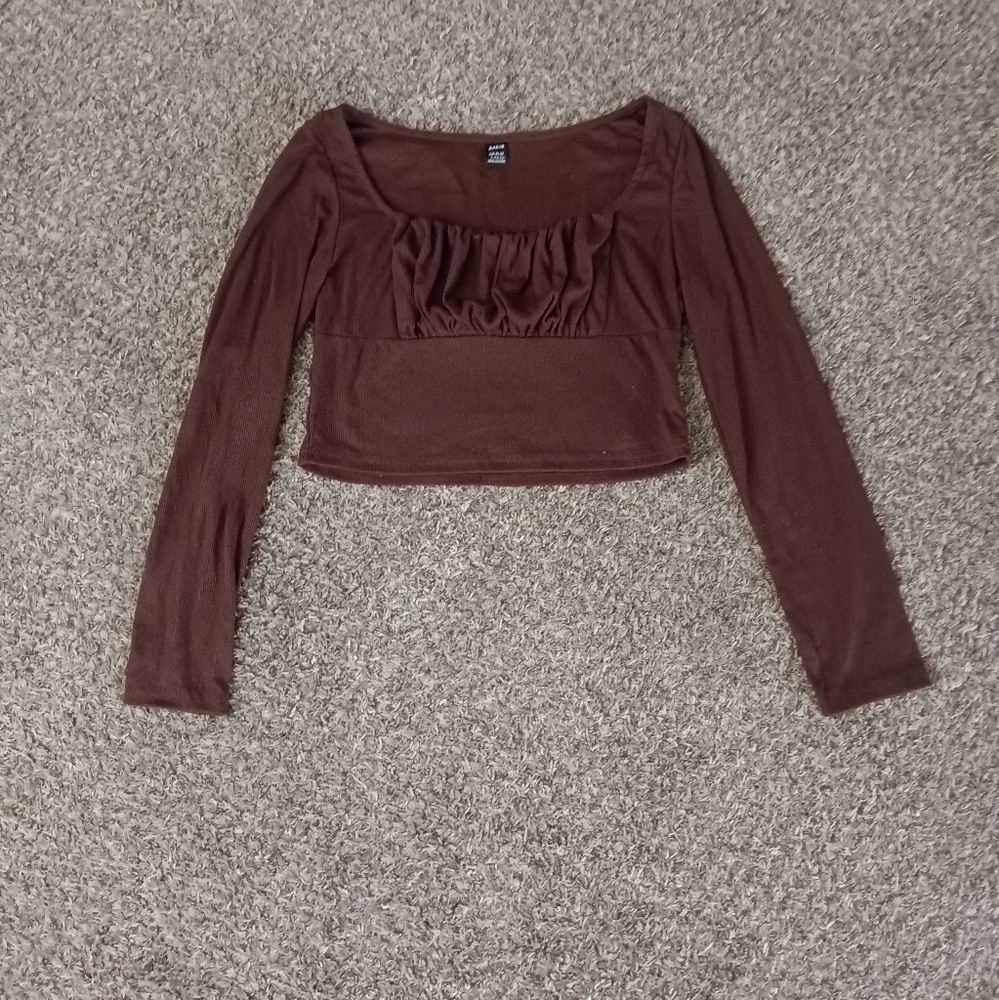 Shein, L brown cropped long sleeve shirt